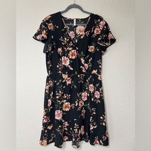Xhilaration Dress Black Floral Wrap-Top V-Neck Romantic Size L